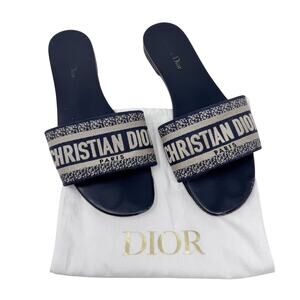 CHRISTIAN DIOR Dway Navy Blue White Slide Sandal Embroidered Logo EU 39 US 9